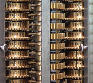 Closeup of the London Science Museum's difference engine.