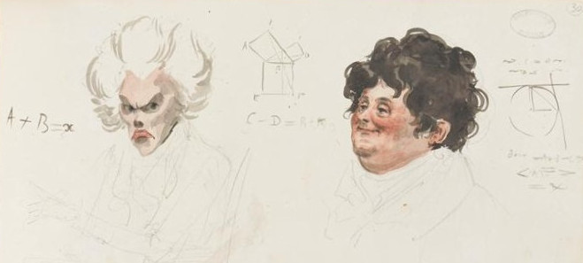 1820 watercolor caricatures of the French mathematicians Adrien-Marie Legendre (left) and Joseph Fourier (right) by French artist Julien-Léopold Boilly.